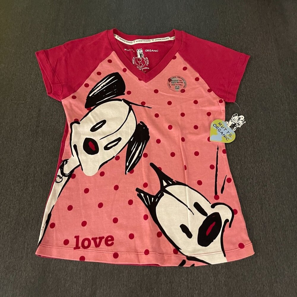 Mutts Organic Women's Earth Friendly V-Neck T-Shirt Cat & Dog Red, Size S NWT